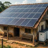Casa isolada em área rural do Brasil com painéis solares e banco de baterias substituindo gerador a diesel