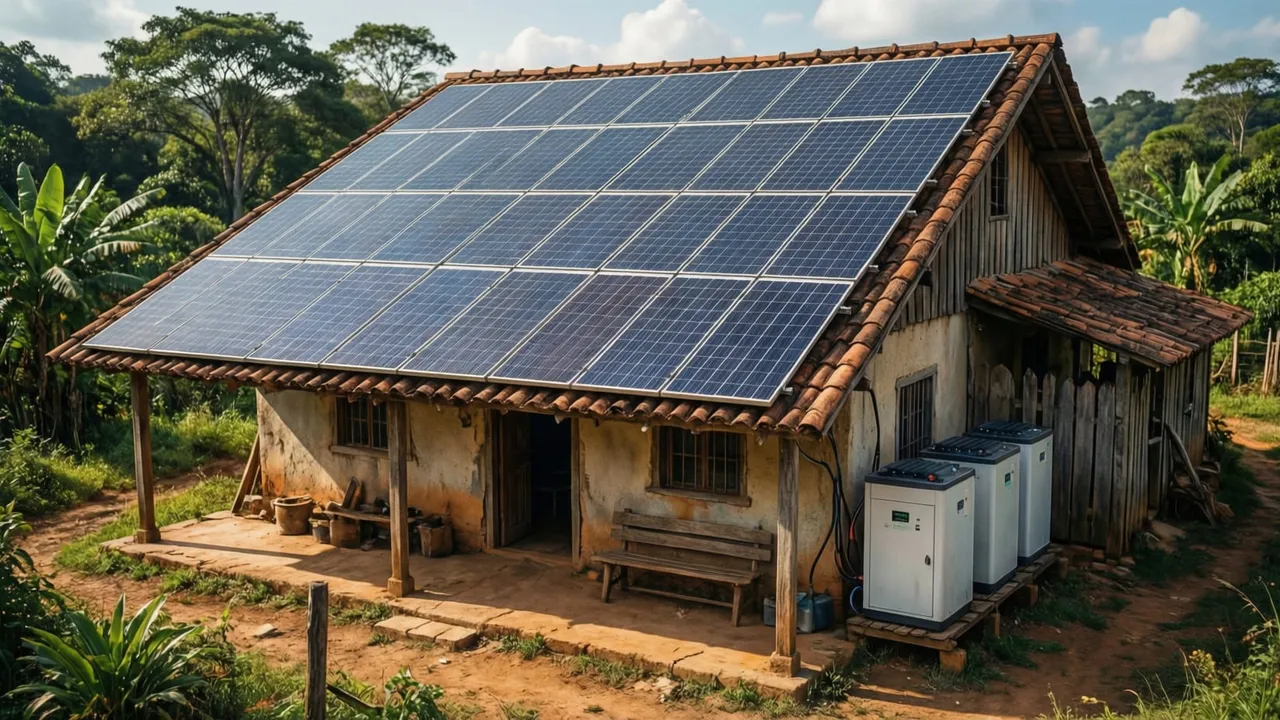 Casa isolada em área rural do Brasil com painéis solares e banco de baterias substituindo gerador a diesel