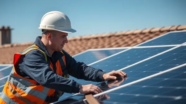 Técnico eletricista inspecionando instalação de painéis solares no telhado, representando fiscalização da ANEEL contra ampliação irregular de geração distribuída