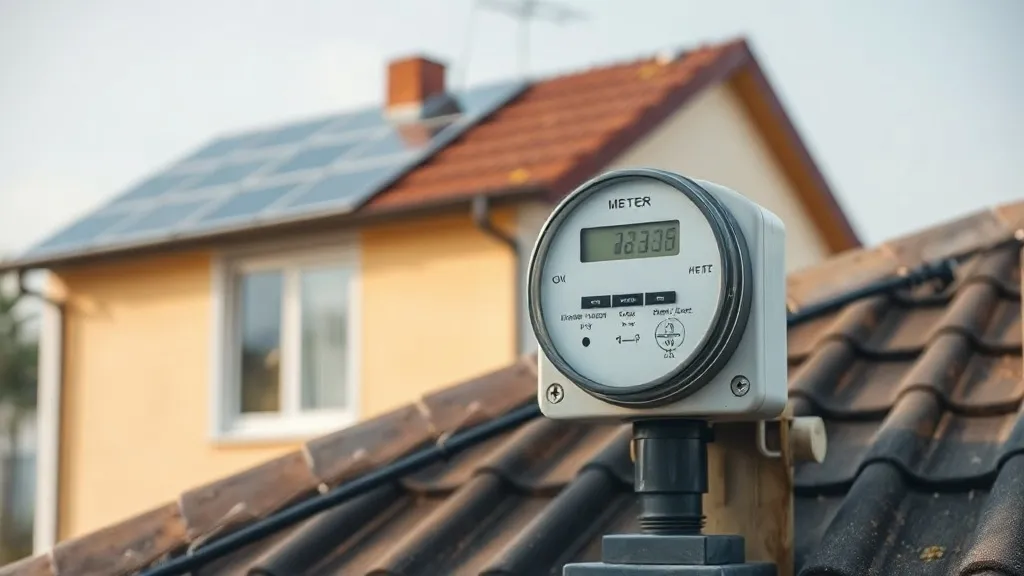 Medidor de energia em residência com painéis solares no telhado