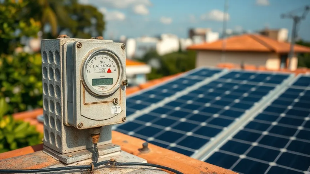 Medidor de energia elétrica bidirecional instalado ao lado de painéis solares no telhado, representando o crédito de energia excedente da geração distribuída