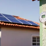Medidor de energia na parede de uma casa com painéis solares no telhado em bairro residencial