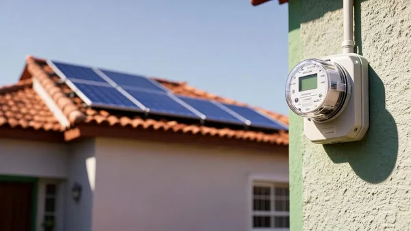 Medidor de energia na parede de uma casa com painéis solares no telhado em bairro residencial