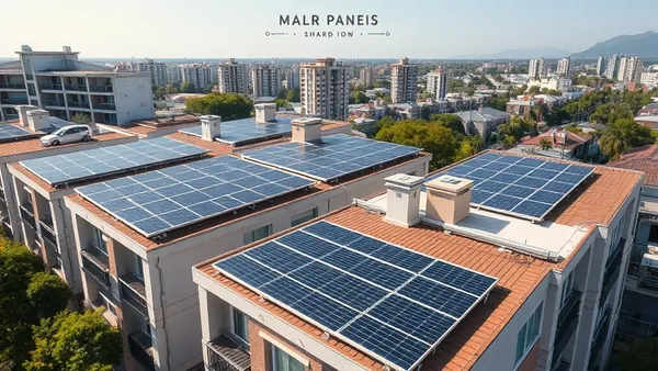 Painéis solares instalados em telhado de condomínio residencial com várias unidades abaixo, representando geração compartilhada