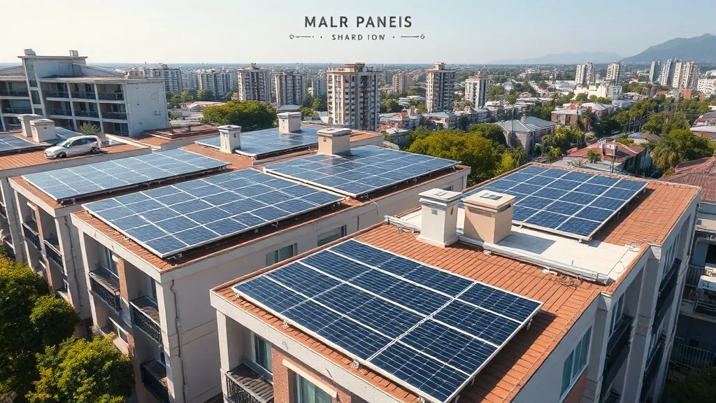 Painéis solares instalados em telhado de condomínio residencial com várias unidades abaixo, representando geração compartilhada