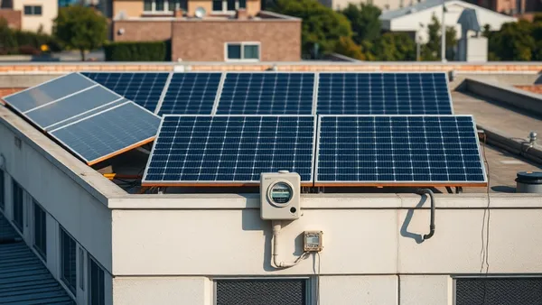 Telhado de prédio comercial com painéis solares e medidor de energia trifásico, representando a diferença entre Grupo A e Grupo B tarifário