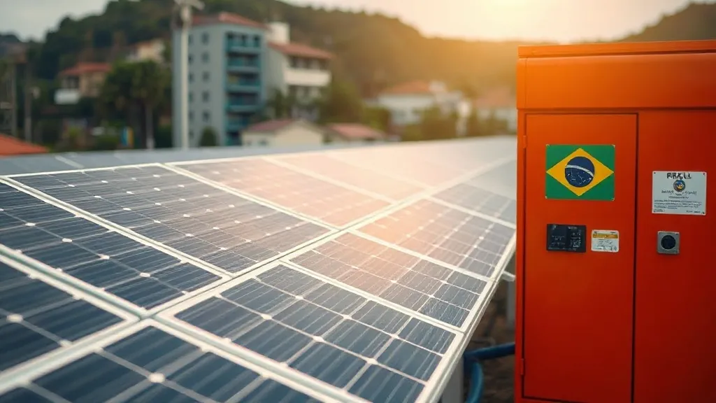 Parque solar e turbinas eólicas ao pôr do sol com representação de bateria de armazenamento de energia