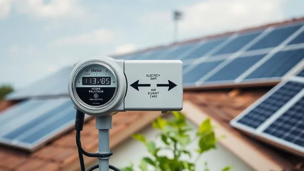 Medidor de energia bidirecional instalado em padrão residencial com painéis solares ao fundo no telhado