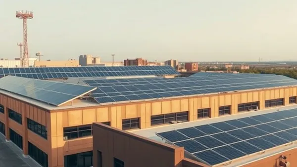Grande arranjo de painéis solares em telhado de edifício comercial representando sistema de minigeração distribuída