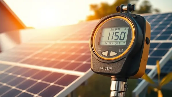 Medidor bidirecional instalado em poste residencial com saldo de créditos de energia destacado em tela, representando portabilidade de créditos solares