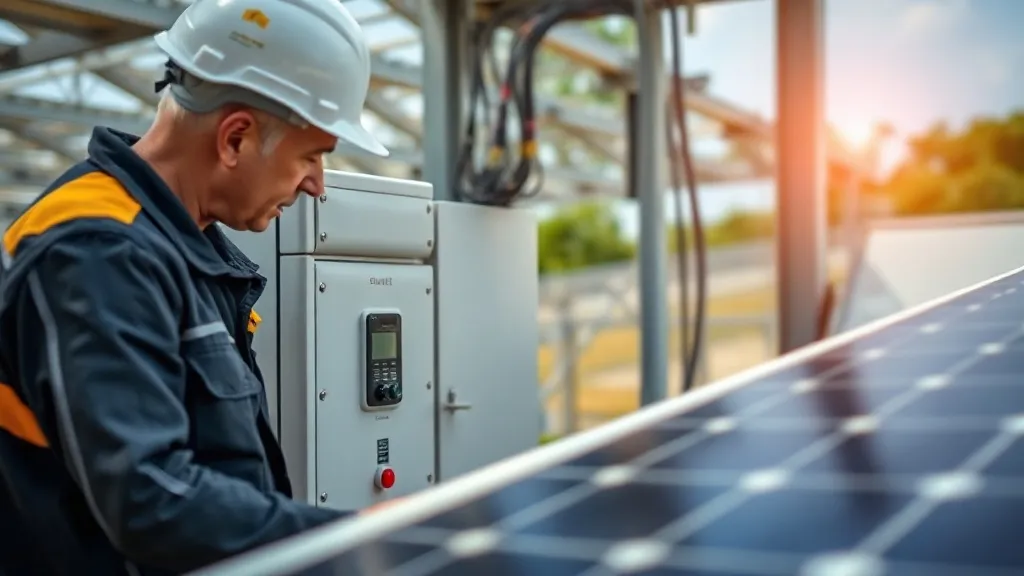 Técnico inspecionando inversor solar conectado ao quadro elétrico residencial com documentação técnica na mão