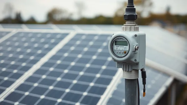 Painéis solares em telhado residencial conectados à rede elétrica com medidor bidirecional representando o sistema de compensação de energia
