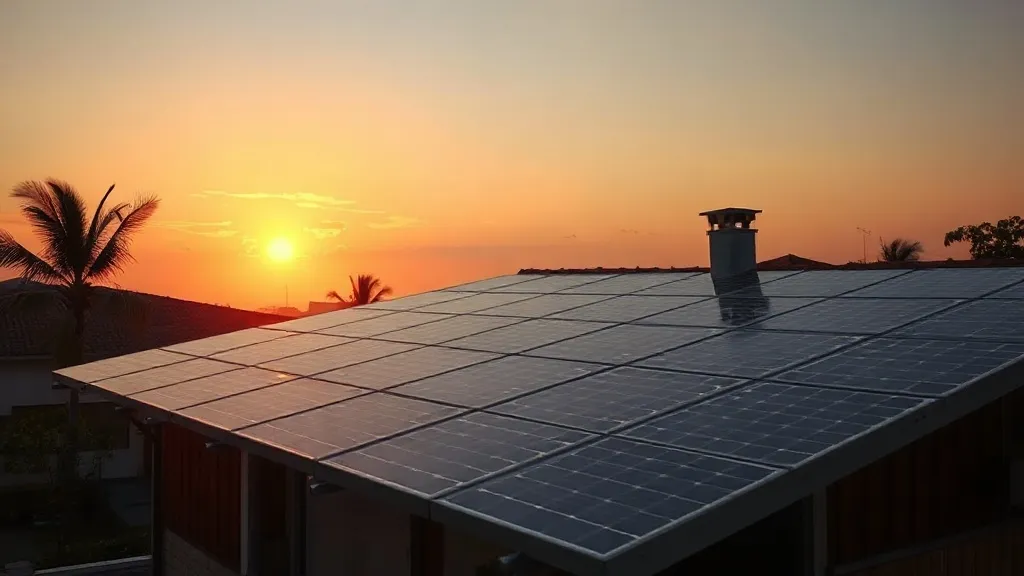Painéis solares em telhado de casa brasileira ao pôr do sol representando o debate sobre taxação da energia solar