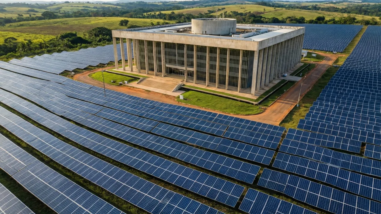 Usina solar de grande porte em área rural do Distrito Federal com fileiras de painéis fotovoltaicos