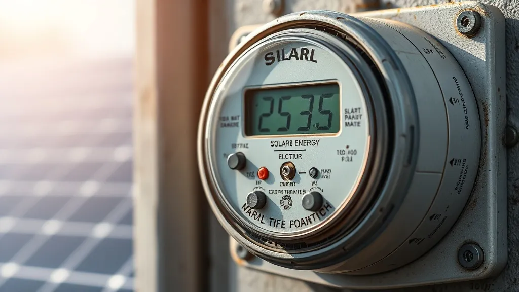 Medidor de energia elétrica residencial com painéis solares ao fundo representando cobrança de TUSD-Fio B para prossumidores em 2027