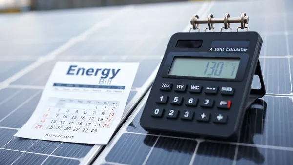 Calculadora de conta de luz ao lado de calendário e painéis solares representando a validade dos créditos de energia