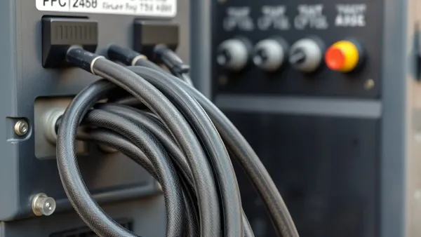 Cabos DC de grande seção conectados aos terminais de um inversor solar off-grid e ao banco de baterias