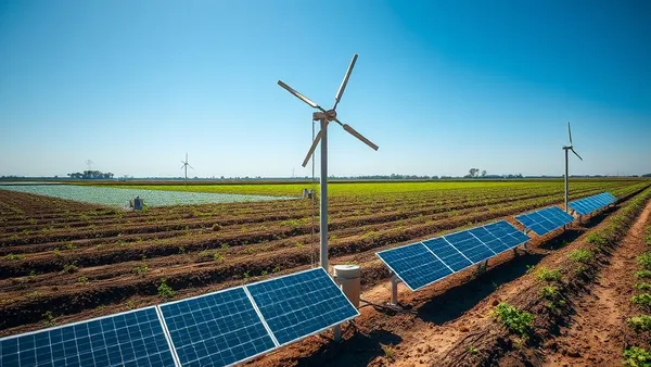 Painéis solares alimentando bomba de água em propriedade rural com reservatório elevado e área de irrigação