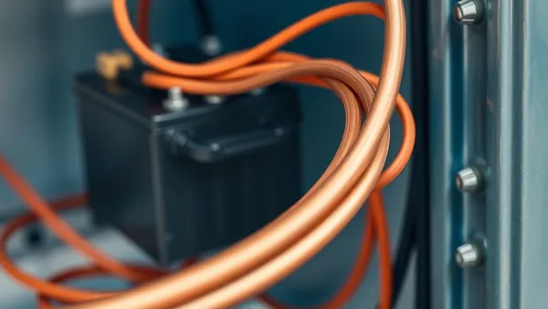 Cabos grossos vermelho e preto conectando banco de baterias de lítio a inversor off-grid em instalação residencial rural