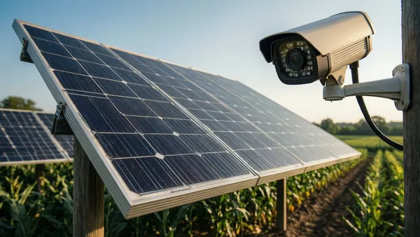 Camera de seguranca instalada em poste de sitio isolado com painel solar ao fundo
