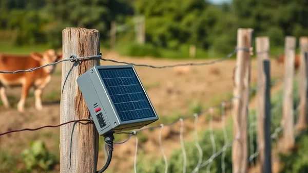 Energizador de cerca elétrica rural conectado a painel solar em propriedade off-grid no interior do Brasil