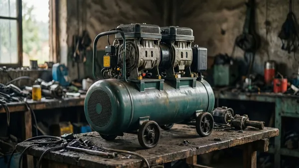 Compressor de ar de pistao instalado em oficina rural isolada da rede eletrica