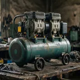 Compressor de ar de pistao instalado em oficina rural isolada da rede eletrica