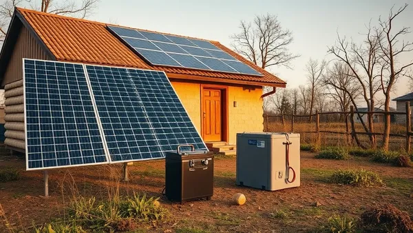 Painéis solares e banco de baterias instalados em propriedade rural isolada sem rede elétrica