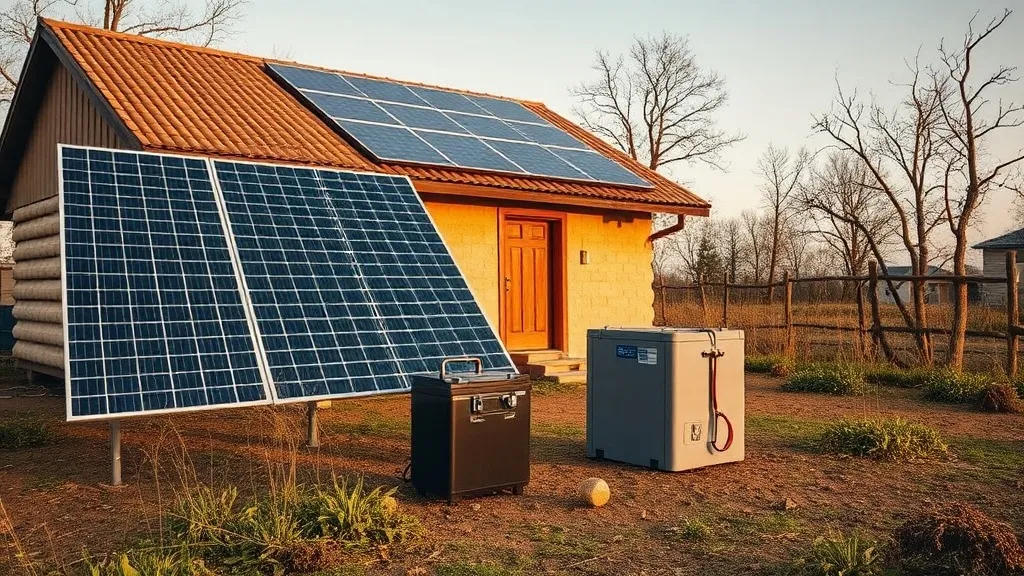 Painéis solares e banco de baterias instalados em propriedade rural isolada sem rede elétrica