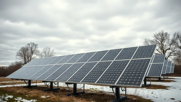 Arranjo de painéis solares off-grid sob céu nublado de inverno em propriedade rural no Sul do Brasil