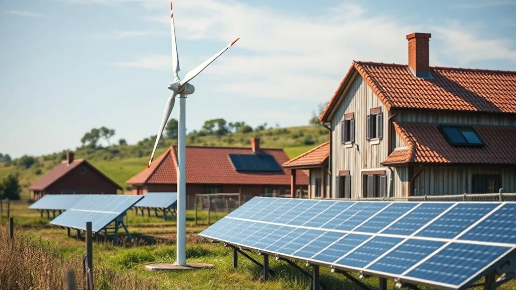 Pequena turbina eólica instalada em mastro ao lado de painéis solares em propriedade rural