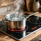 Cooktop de indução com panela fervendo em cozinha rústica