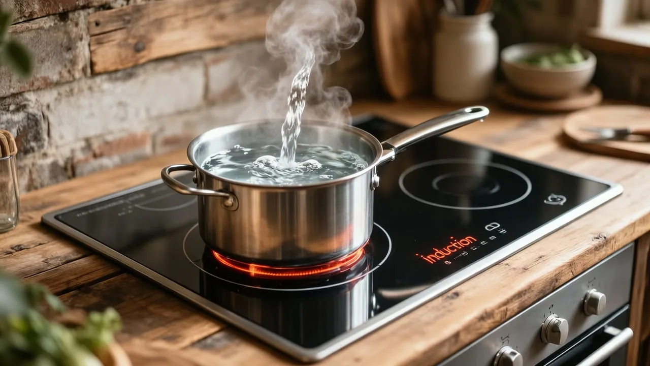 Cooktop de indução com panela fervendo em cozinha rústica