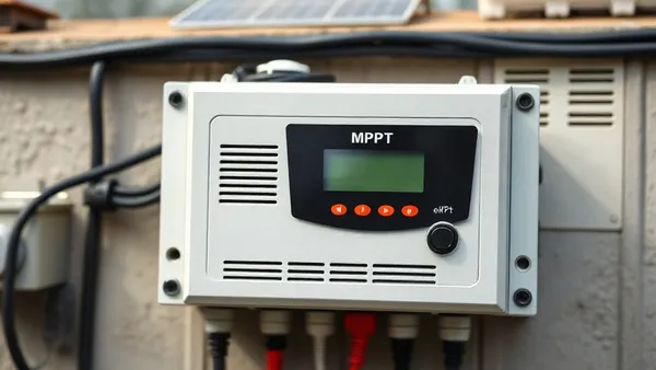Controlador de carga MPPT instalado ao lado de banco de baterias LFP em sistema off-grid rural