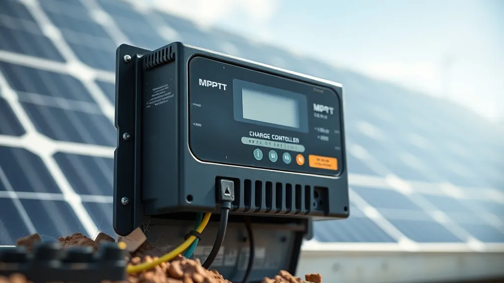 Controlador de carga MPPT instalado em painel elétrico de sistema off-grid com banco de baterias LFP ao fundo