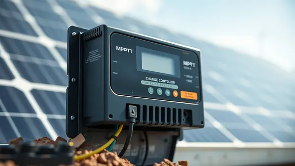 Controlador de carga MPPT instalado em painel elétrico de sistema off-grid com banco de baterias LFP ao fundo