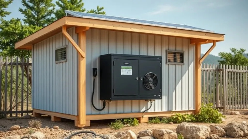 Galpão de baterias off-grid com ventilação e prateleiras de baterias estacionárias