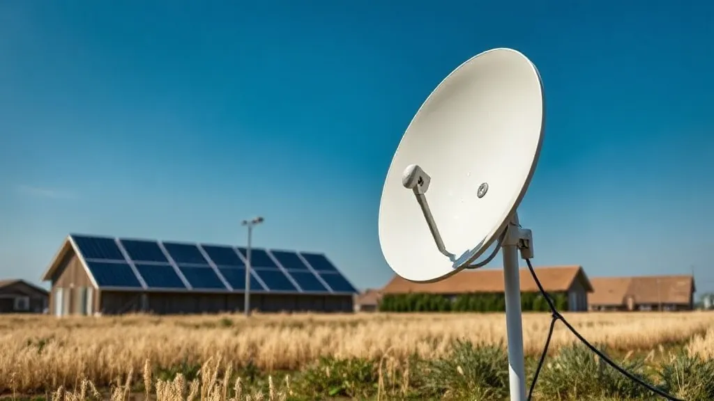 Antena parabólica Starlink instalada em mastro ao lado de um sistema de energia solar off-grid em propriedade rural
