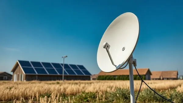 Antena parabólica Starlink instalada em mastro ao lado de um sistema de energia solar off-grid em propriedade rural