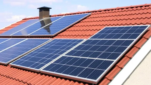 Contrato de aluguel sobre mesa com módulos fotovoltaicos instalados em telhado residencial ao fundo