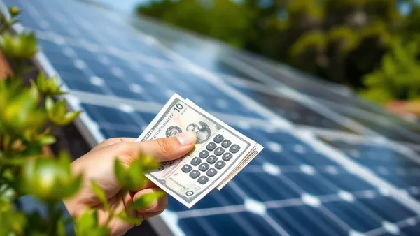 Mesa com calculadora, contratos e moedas representando comparativo entre consórcio, CDC e capital próprio para financiamento solar