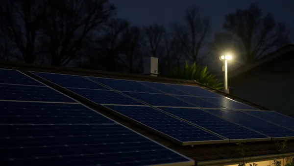 Painel solar residencial ao anoitecer com casa iluminada ao fundo e gráfico de consumo horário sobreposto