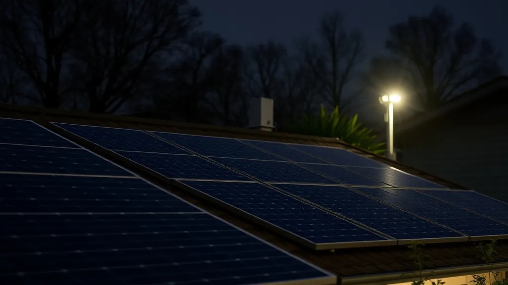 Painel solar residencial ao anoitecer com casa iluminada ao fundo e gráfico de consumo horário sobreposto