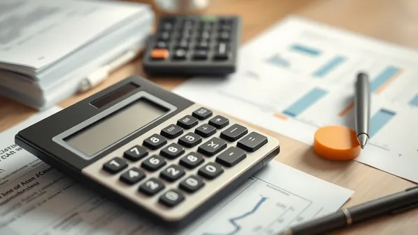 Calculadora, papéis de financiamento e contas sobre mesa de escritório em casa