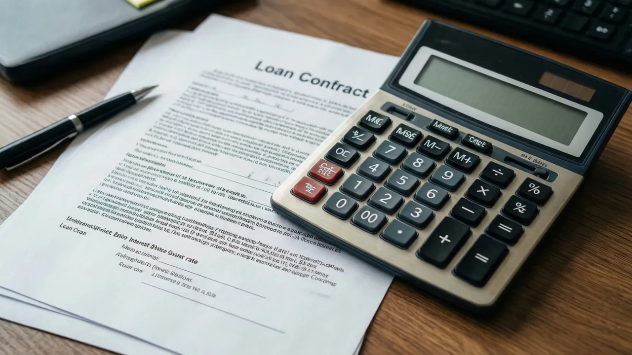 Calculadora, papelada de contrato de financiamento e gráfico de juros sobre mesa de escritório