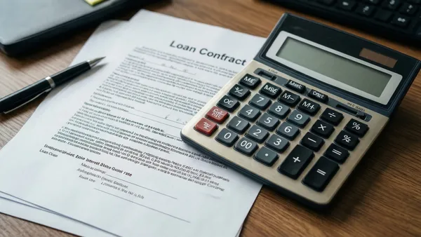 Calculadora, papelada de contrato de financiamento e gráfico de juros sobre mesa de escritório