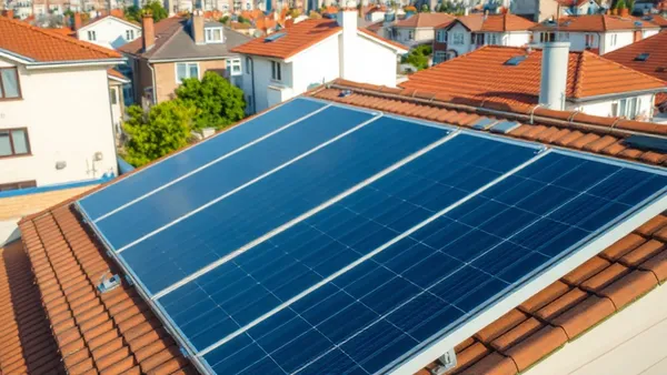 Casa residencial com painéis solares no telhado em bairro urbano de classe média