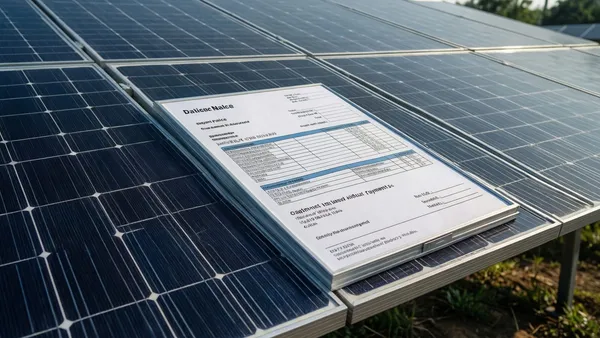 Mão segurando cartão de crédito perto de fatura e calculadora, com painéis solares ao fundo