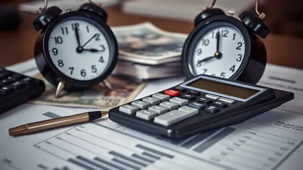 Calculadora, notas de dinheiro e relógio sobre mesa representando o valor do dinheiro no tempo