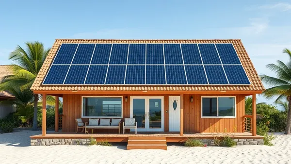 Painéis solares instalados no telhado de uma casa de veraneio próxima à praia, céu azul com nuvens